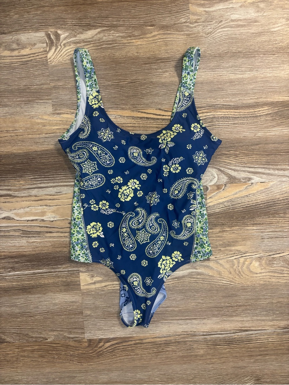 aerie Navy Blue Paisley One-Piece Swimsuit with Lime Floral Accents